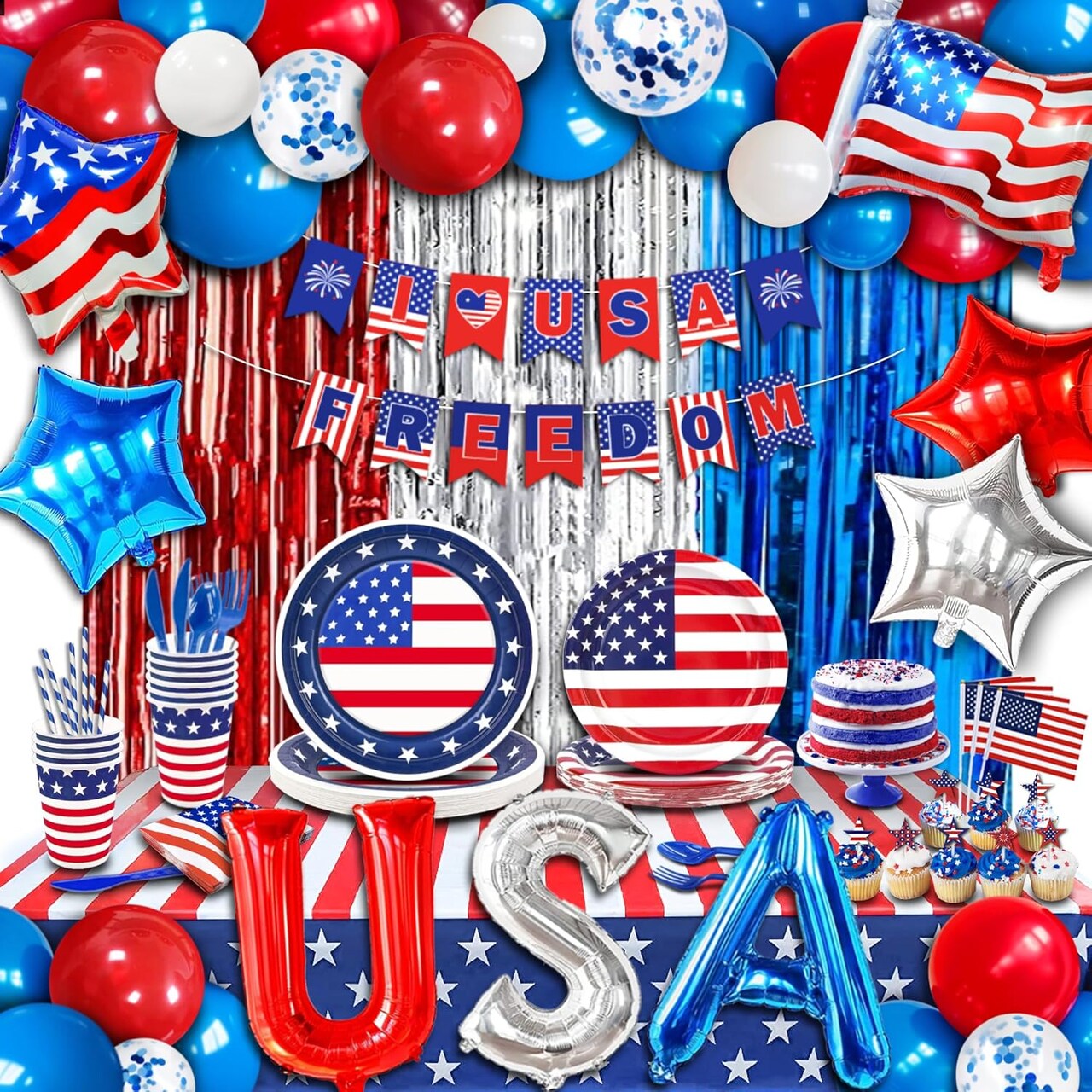 272 pcs 4th of July Birthday Party decorations,16 Tableware Sets,“USA” Balloons, Paper Plates, Patriotic Party Decorations, Independence Day Party Decoration, Tablecloth, Flag